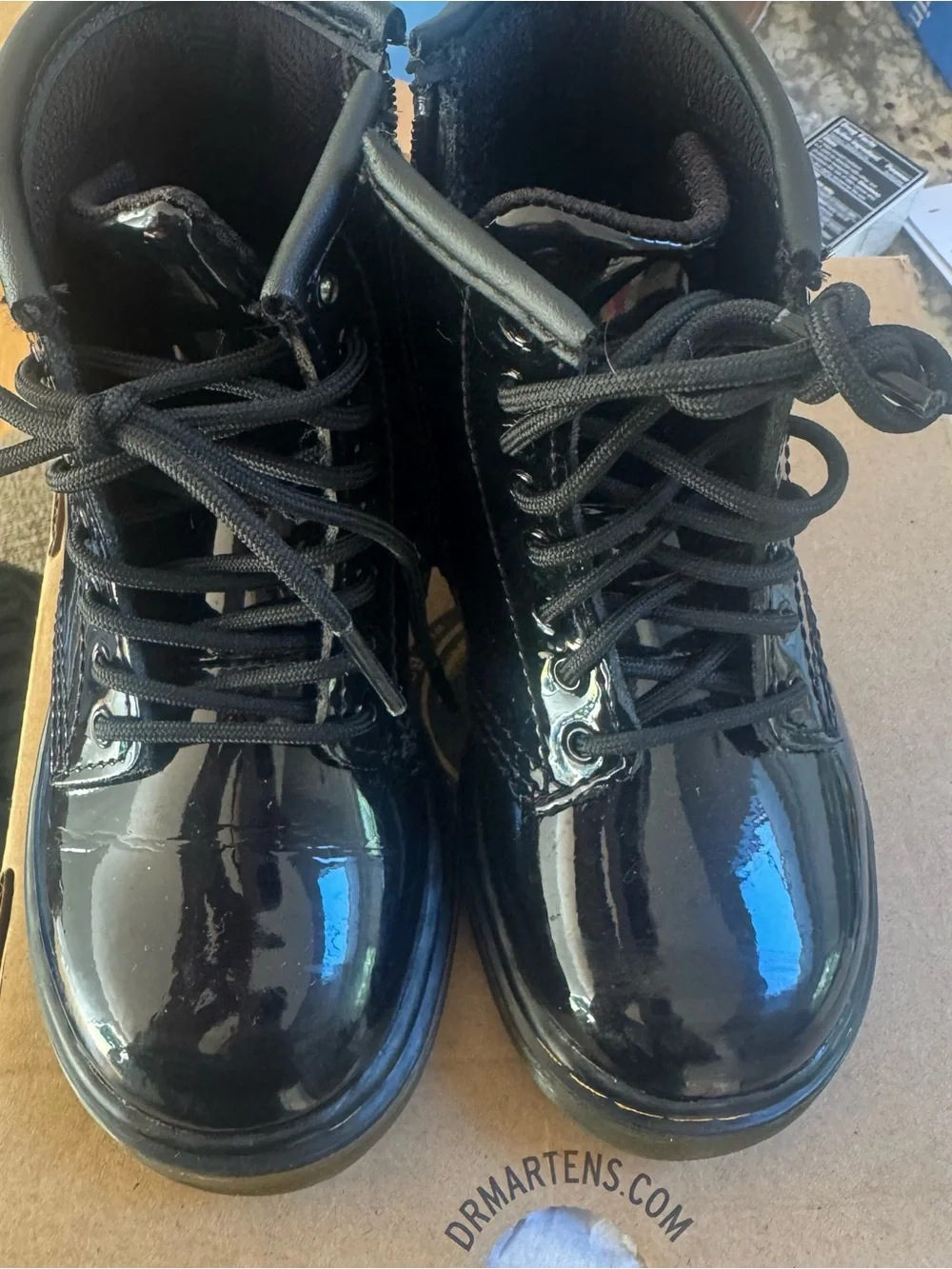 Like new Dr. Martens Black Patent Kids Lace-Up Boots with Yellow Stitching